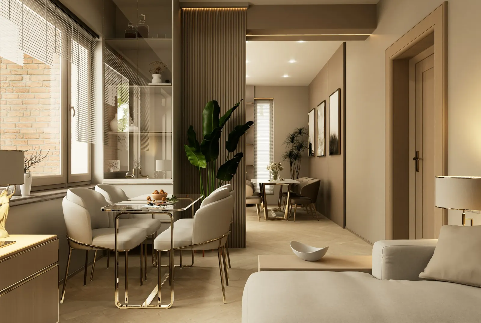 Recreación 3D de un salón comedor con panel de lamas